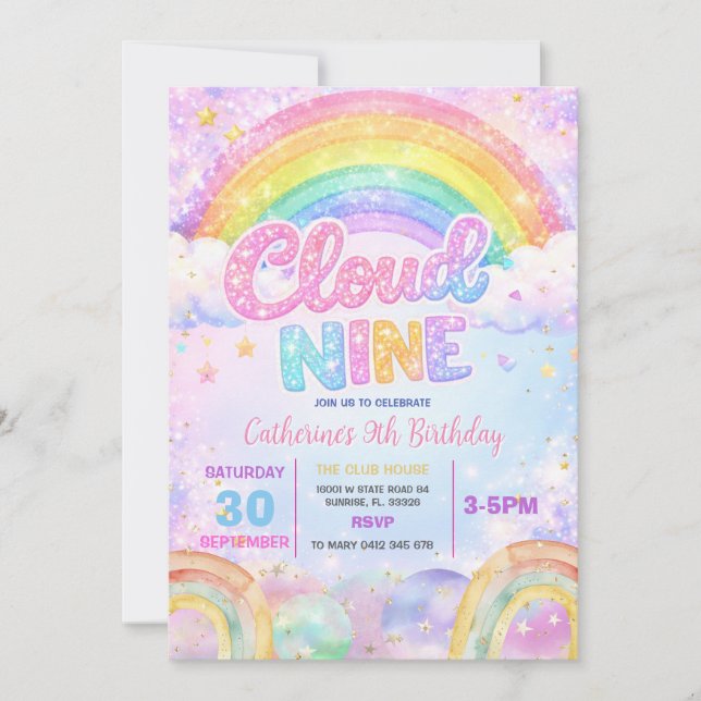 Invitación Cumpleaños Fiesta Nube Nueve Arcoíris Brillante (Anverso)