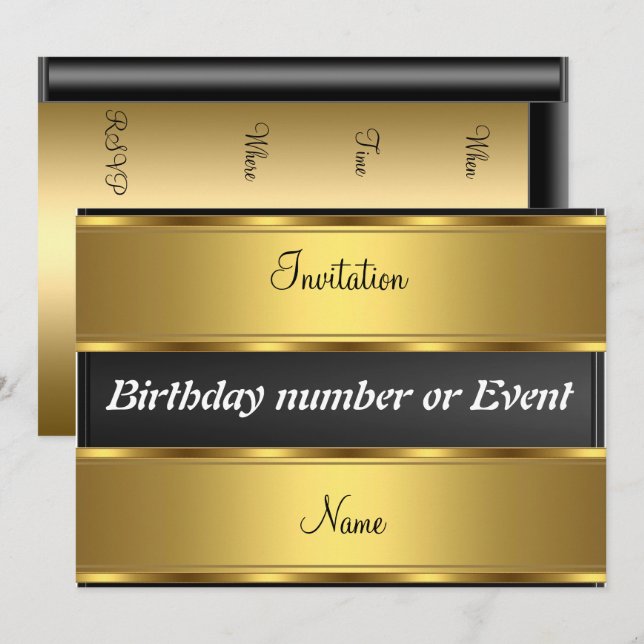 Invitación Cumpleaños Fiesta Oro y Negro (Anverso / Reverso)