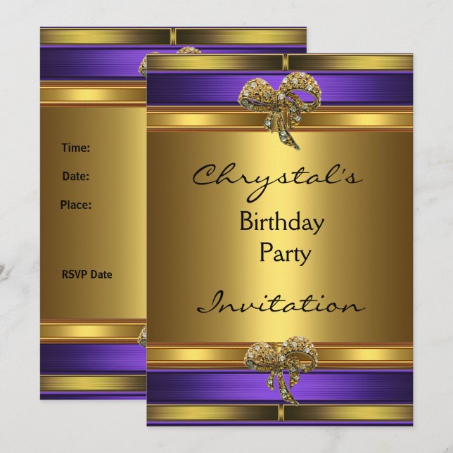 Invitación Cumpleaños Fiesta Purpura Dorado Joya L (Anverso / Reverso)