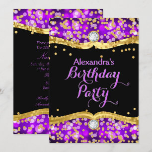 Invitación Cumpleaños Fiesta Purpura Dorado Negro Confeti Bri