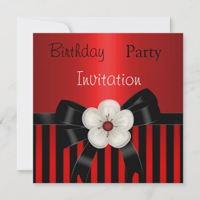 Invitación Cumpleaños Fiesta Raya Floral Rojo Negr (Anverso)