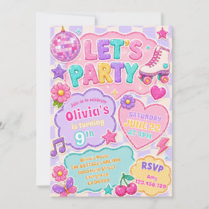 Invitación Cumpleaños Fiesta Retro Brillo Pastel