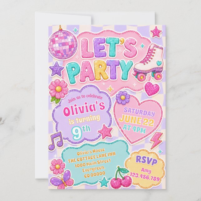 Invitación Cumpleaños Fiesta Retro Brillo Pastel (Anverso)