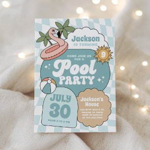 Invitación Cumpleaños Fiesta Retro Groovy Niño Piscina