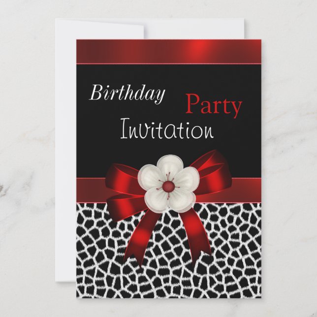 Invitación Cumpleaños Fiesta Rojo Negro Lazo Flora (Anverso)