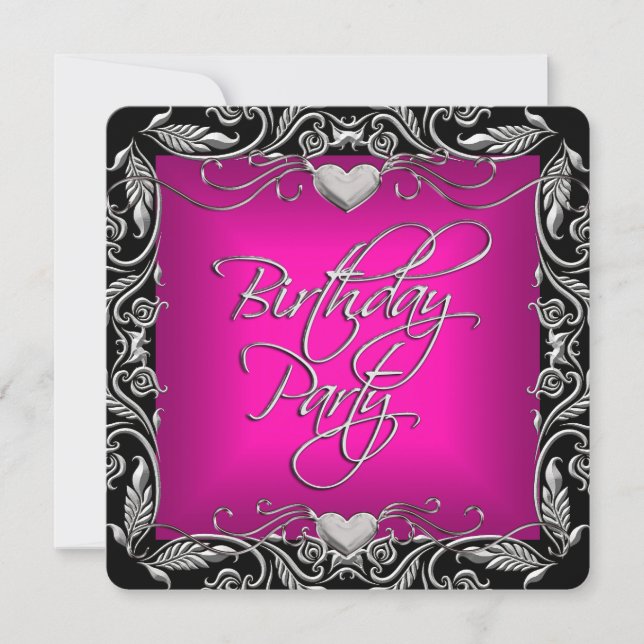 Invitación Cumpleaños Fiesta Rosa Brillante Plata Negro (Anverso)