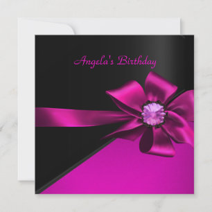 Invitación Cumpleaños Fiesta Rosa Caliente Negro Rosa Lazo Jo