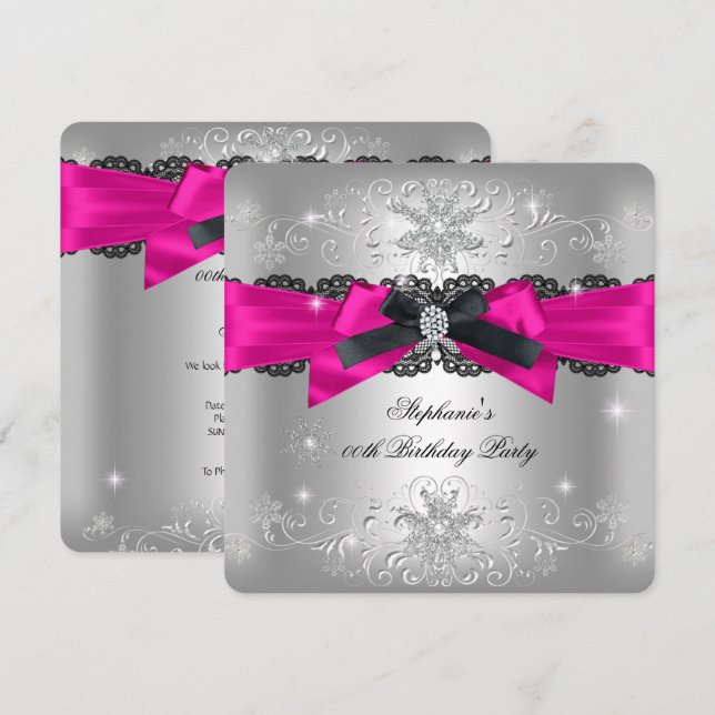 Invitación Cumpleaños Fiesta Rosa Fucsia Lazo Negro Brillo Pl (Anverso / Reverso)
