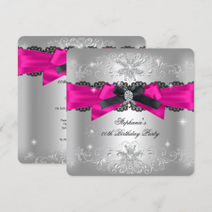 Invitación Cumpleaños Fiesta Rosa Fucsia Lazo Negro Brillo Pl