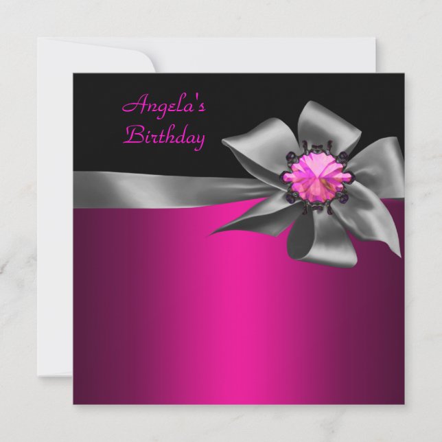 Invitación Cumpleaños Fiesta Rosa Gris Lazo Negro Rosa Joya (Anverso)