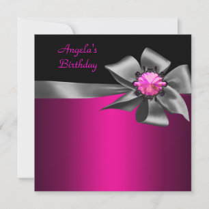 Invitación Cumpleaños Fiesta Rosa Gris Lazo Negro Rosa Joya
