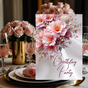 Invitación Cumpleaños Fiesta Rosa Lila Flores Seda Blanca