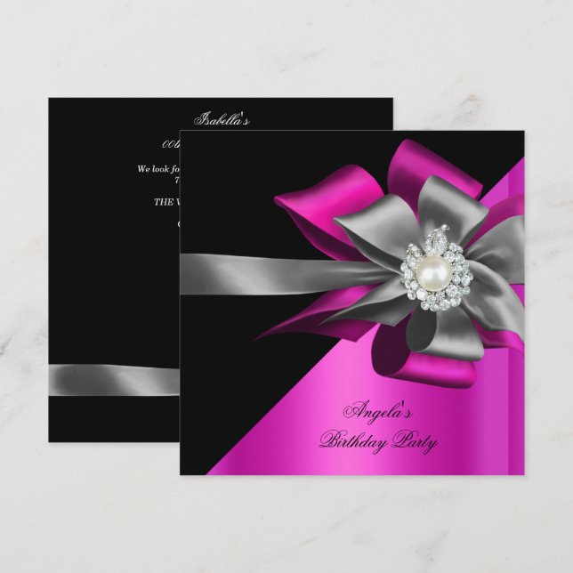 Invitación Cumpleaños Fiesta Rosa Negro Gris Plata Arco Perla (Anverso / Reverso)