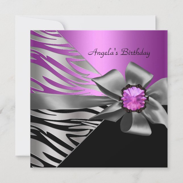 Invitación Cumpleaños Fiesta Rosa Plata Cebra Negro Gris Lazo (Anverso)