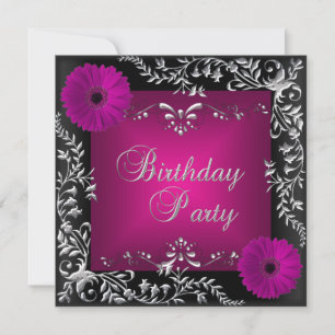 Invitación Cumpleaños Fiesta Rosa Plateado Floral Negro