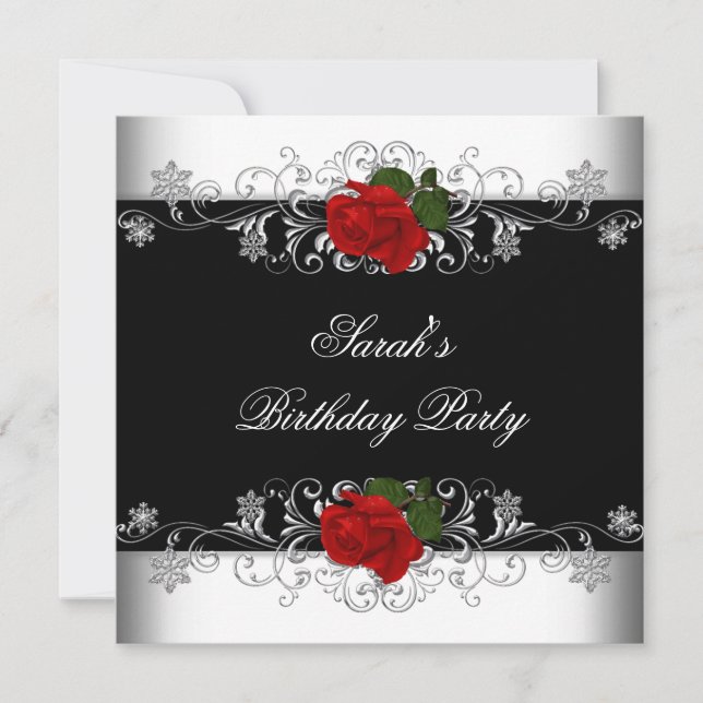 Invitación Cumpleaños Fiesta Rosa Roja Negra Flores Blancas (Anverso)