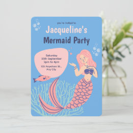 Invitación Cumpleaños Fiesta Sirena Linda Rosa Azul
