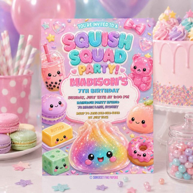 Invitación Cumpleaños Fiesta Squishy Arcoíris Brillante (Glitter Rainbow Squishy Birthday Party Invitation)