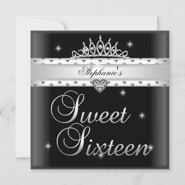 Invitación Cumpleaños Fiesta Sweet 16 Tiara Negro Blanco (Anverso)