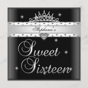 Invitación Cumpleaños Fiesta Sweet 16 Tiara Negro Blanco