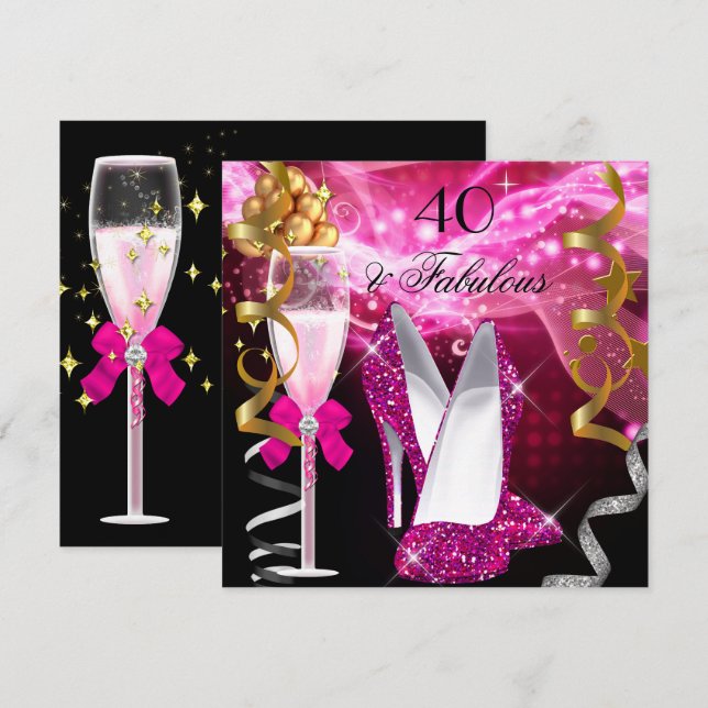 Invitación Cumpleaños Fiesta Tacones Brillo Rosa Caliente Fab (Anverso / Reverso)