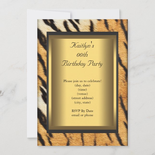 Invitación Cumpleaños Fiesta Tigre Animal Dorado (Anverso)
