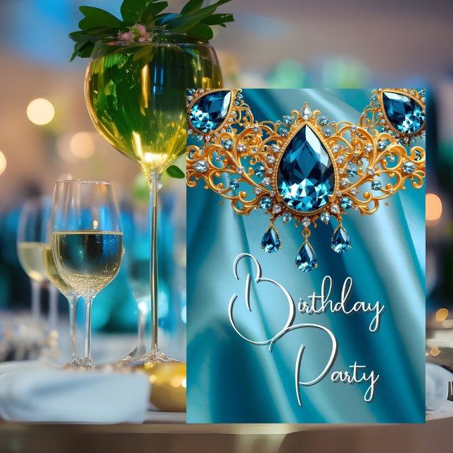 Invitación Cumpleaños Fiesta Topacio Azul de seda joya Oro (Subido por el creador)