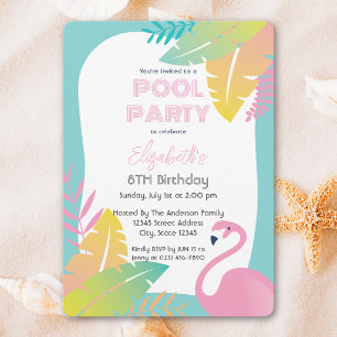 Invitación Cumpleaños Fiesta Tropical de Piscina Flamingo Ros