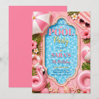 Invitación Cumpleaños Fiesta Tropical de Piscina Rosa