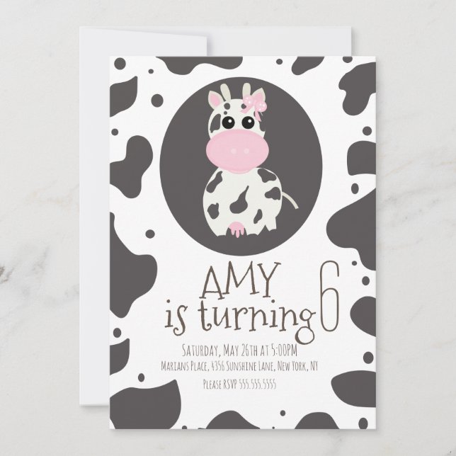 Invitación Cumpleaños Fiesta Vaca Linda Lazo Rosa (Anverso)