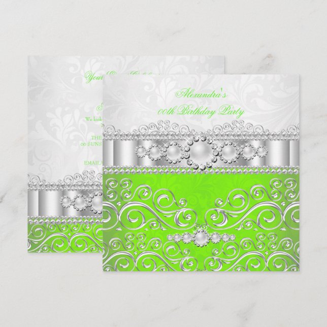 Invitación Cumpleaños Fiesta Verde Lima Encaje Blanco Platead (Anverso / Reverso)