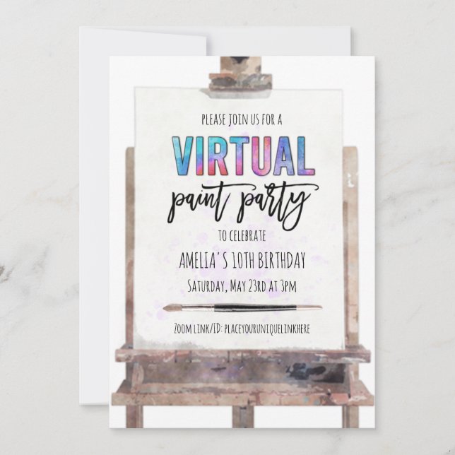 Invitación Cumpleaños Fiesta Virtual de Pintura con Caballete (Anverso)