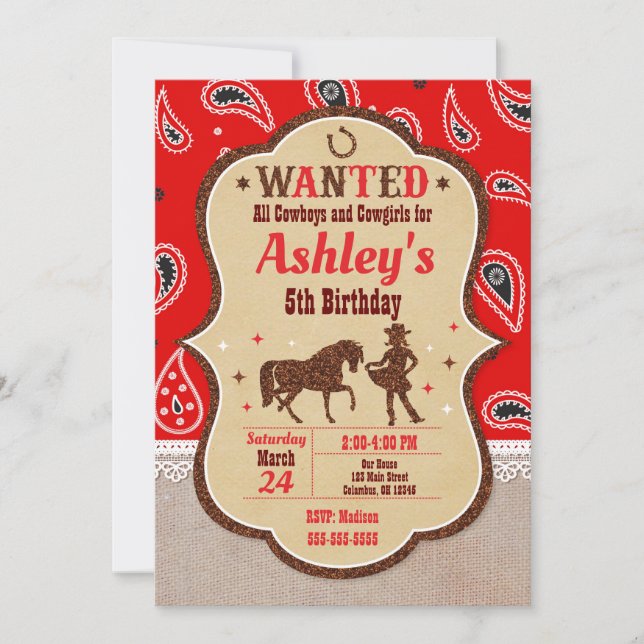 Invitación Cumpleaños Fiesta Western Vaquera del Oeste (Anverso)