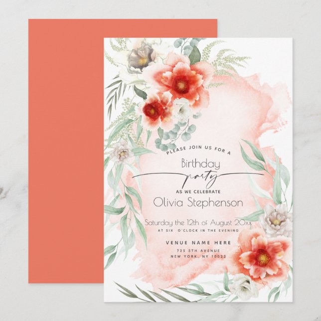 Invitación Cumpleaños | Flama de flama de escarlata acuarela (Anverso / Reverso)