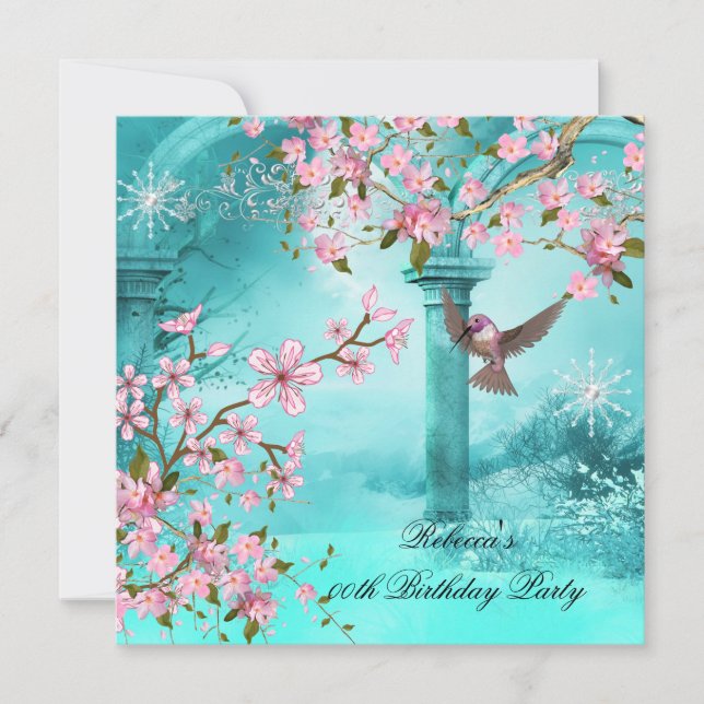 Invitación Cumpleaños Flor Asiática Rosa Turquesa Pájaro (Anverso)