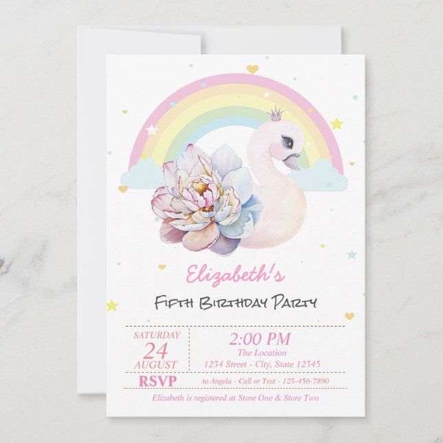 Invitación Cumpleaños Flor Cisne Estrellas Arcoíris (Anverso)
