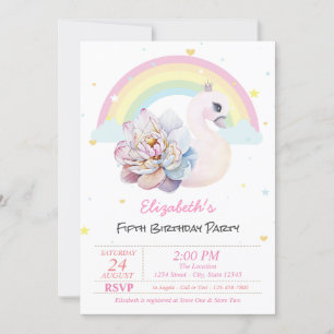 Invitación Cumpleaños Flor Cisne Estrellas Arcoíris