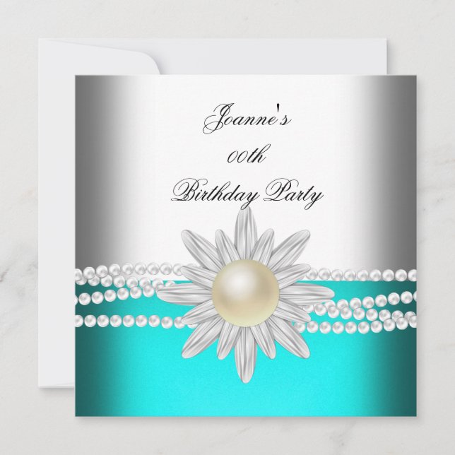 Invitación Cumpleaños Flor de Perla Blanca Azul Teal Aqua (Anverso)