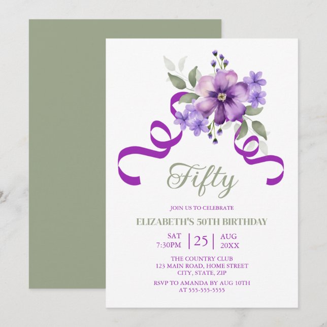 Invitación Cumpleaños Flor de Violeta Primavera Verdor (Anverso / Reverso)