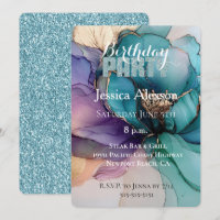 Cumpleaños Flor Púrpura Brillo Azul Acuario Dorado