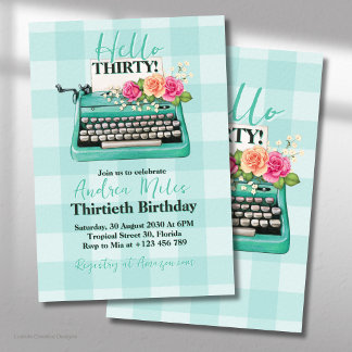 Invitación Cumpleaños Flor Retro Vintage Turquesa Máquina de