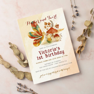 Invitación Cumpleaños Flor Silvestre Hongo Mariposa Pequeña