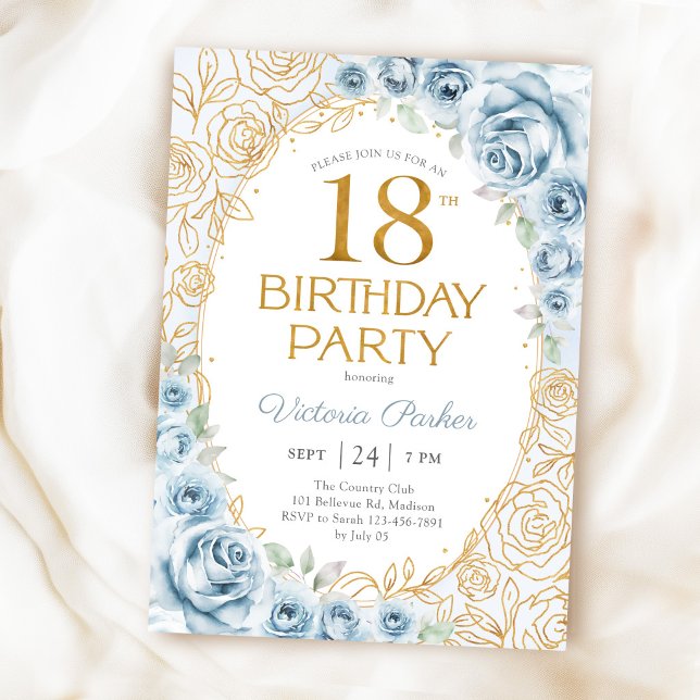 Invitación Cumpleaños floral 18 azul bebé dorado (Subido por el creador)