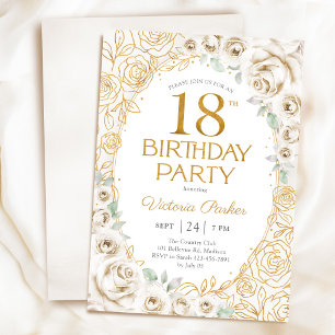Invitación Cumpleaños floral 18 crema oro