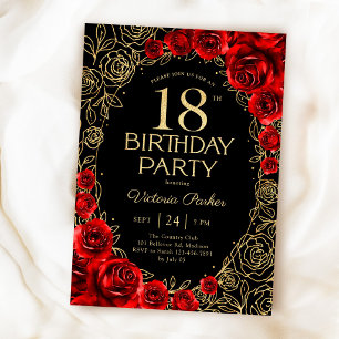 Invitación Cumpleaños floral 18 rojo negro dorado