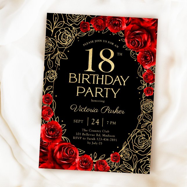 Invitación Cumpleaños floral 18 rojo negro dorado (Subido por el creador)