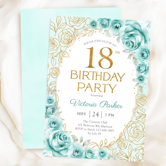 Invitación Cumpleaños floral 18 turquesa dorado (Subido por el creador)