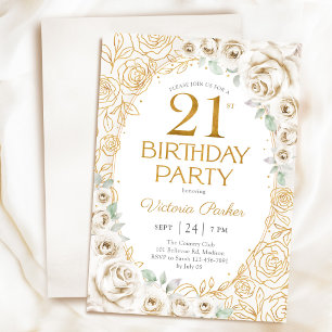 Invitación Cumpleaños floral 21 crema dorado