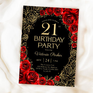 Invitación Cumpleaños floral 21 rojo negro dorado