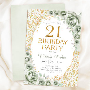 Invitación Cumpleaños floral 21 Sage Green Gold
